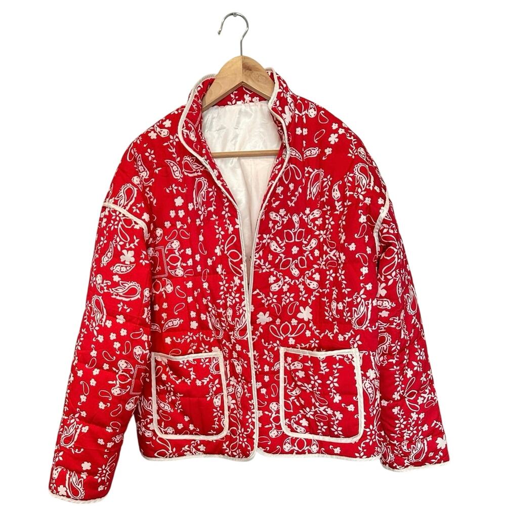 Red Bandana Paisley Quilted Jacket Cottagecore Western Oversized